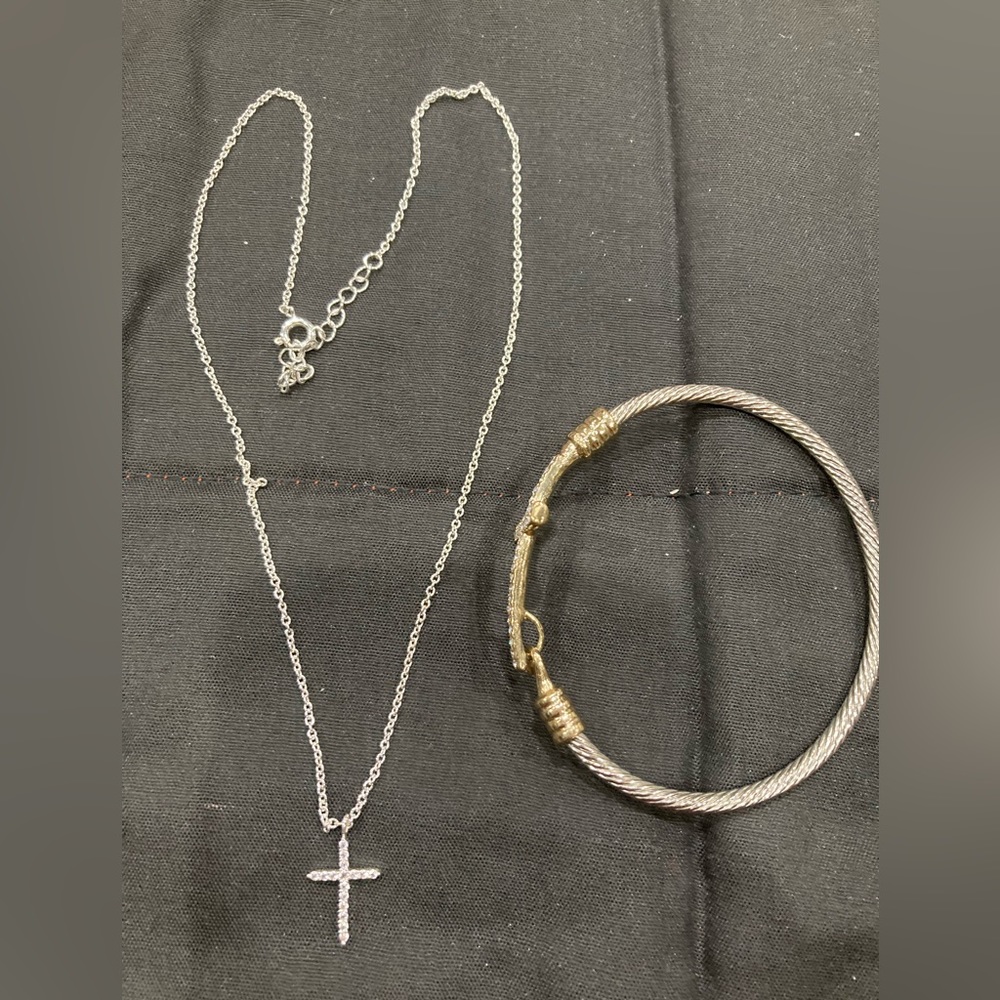 New Cross bangle and necklace set- Silver tone